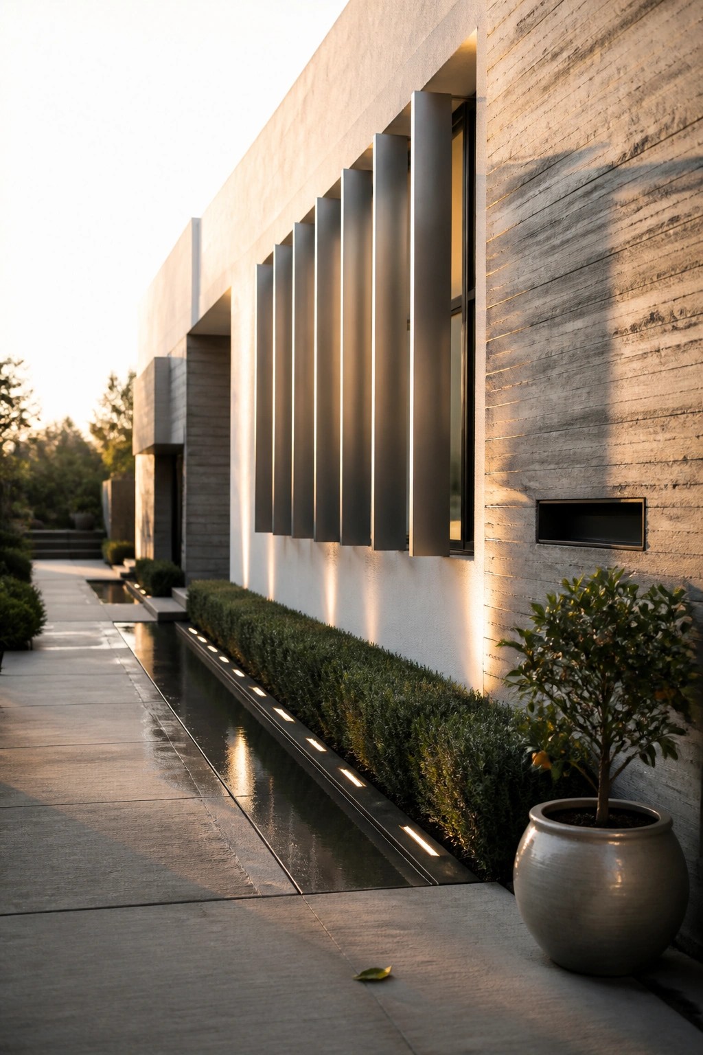 Modern concrete house exterior with vertical metal fins along the facade, a narrow water channel, and a large potted plant at the corner.
