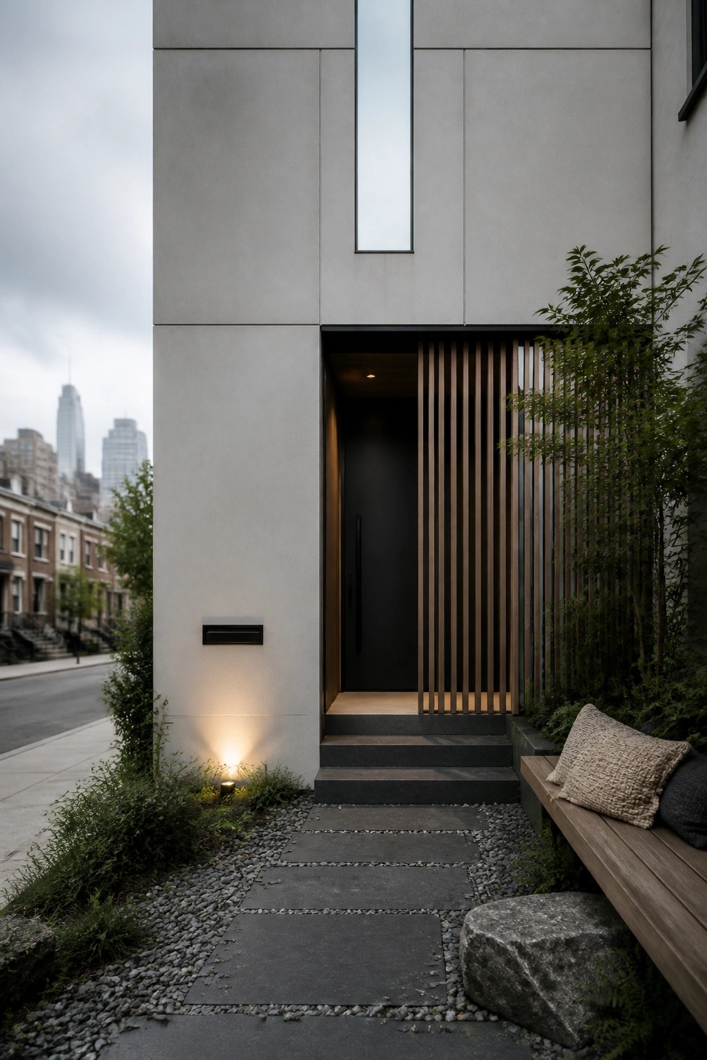 Modern house exterior with a recessed black door, vertical wood slats to one side, a tall narrow window above, and a small ground light near the steps.