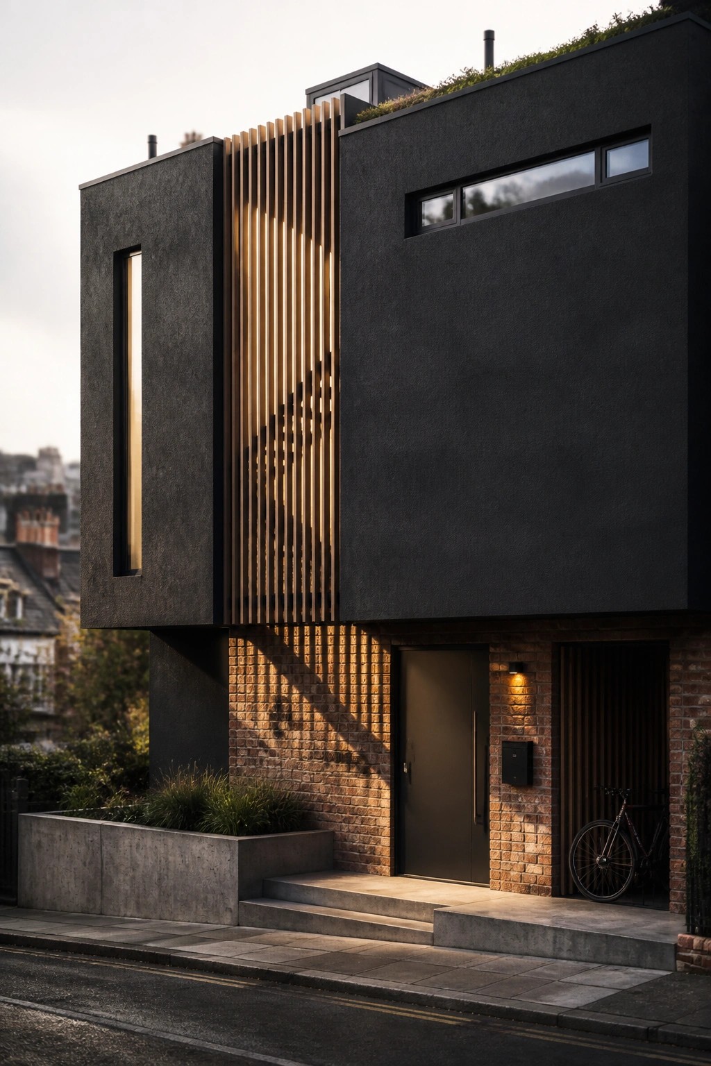 A modern dark house with vertical wooden slats on the facade casting shadows, a brick lower section, dark door, and concrete steps leading to the entrance.