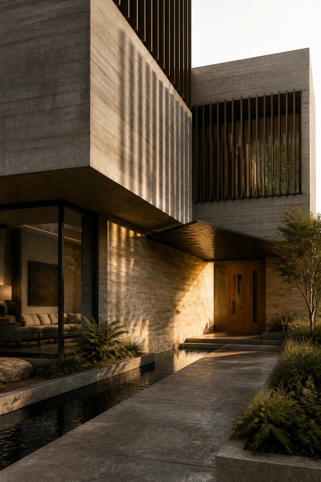 Modern concrete house exterior with vertical slats casting striped shadows on the facade beside a wooden entry door and a narrow reflecting pool.