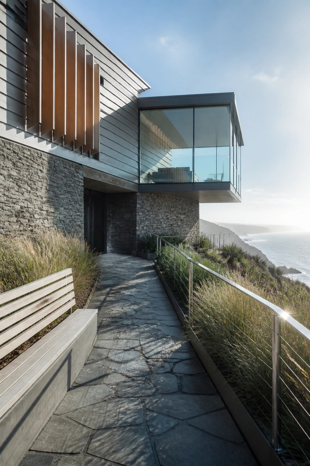 Modern house exterior with stone walls, vertical wood slats on the facade, large glass windows, and a stone pathway beside a metal railing overlooking the ocean.