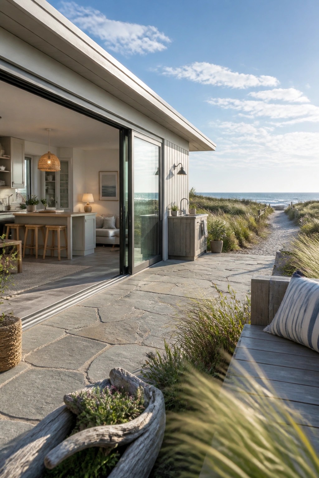 Modern beach house with large sliding glass doors open to a stone patio that includes an outdoor sink cabinet, wooden bench seating, and views of dunes and the ocean.