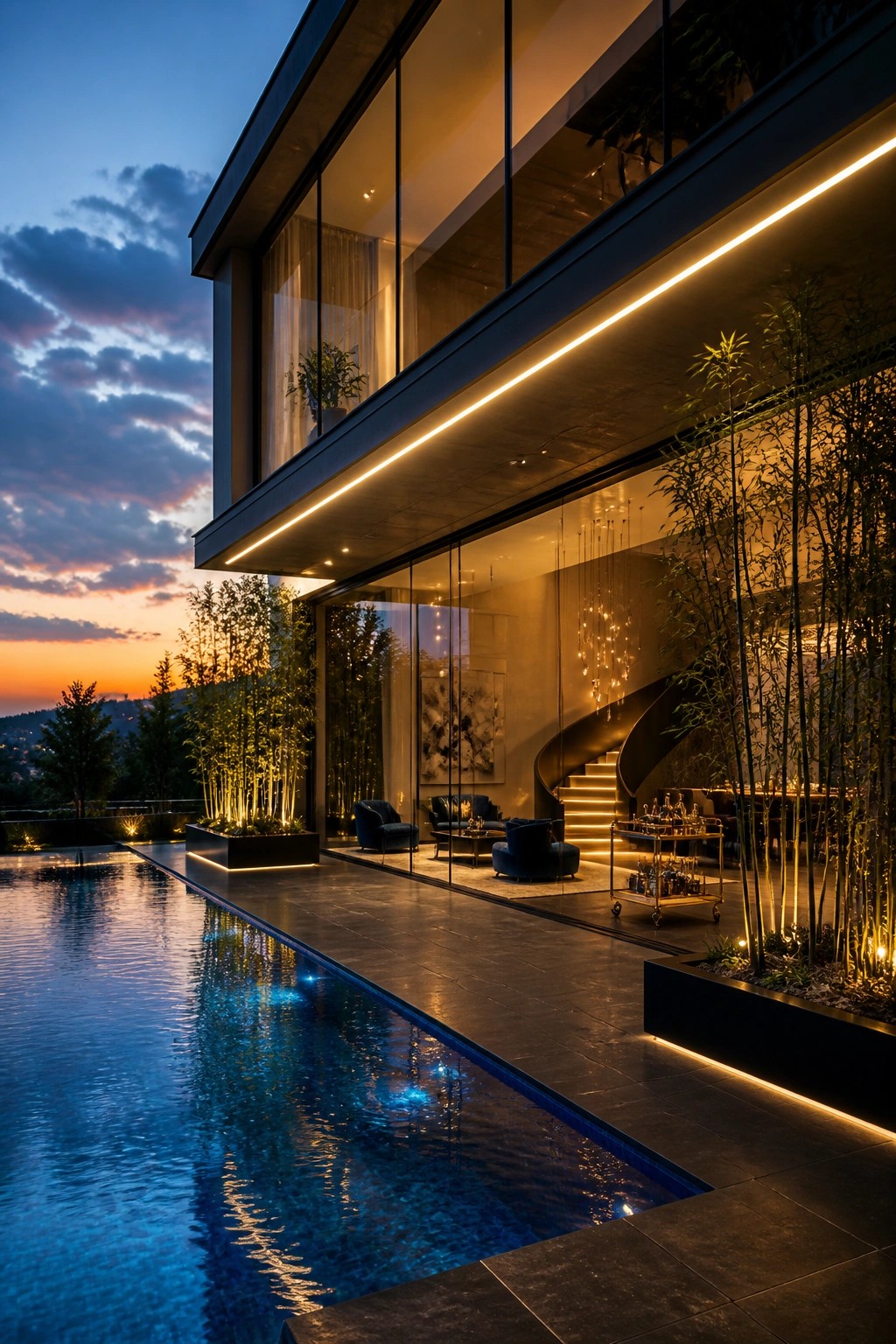 Luxury modern villa with infinity pool, glass walls, spiral staircase, and warm lighting at dusk.