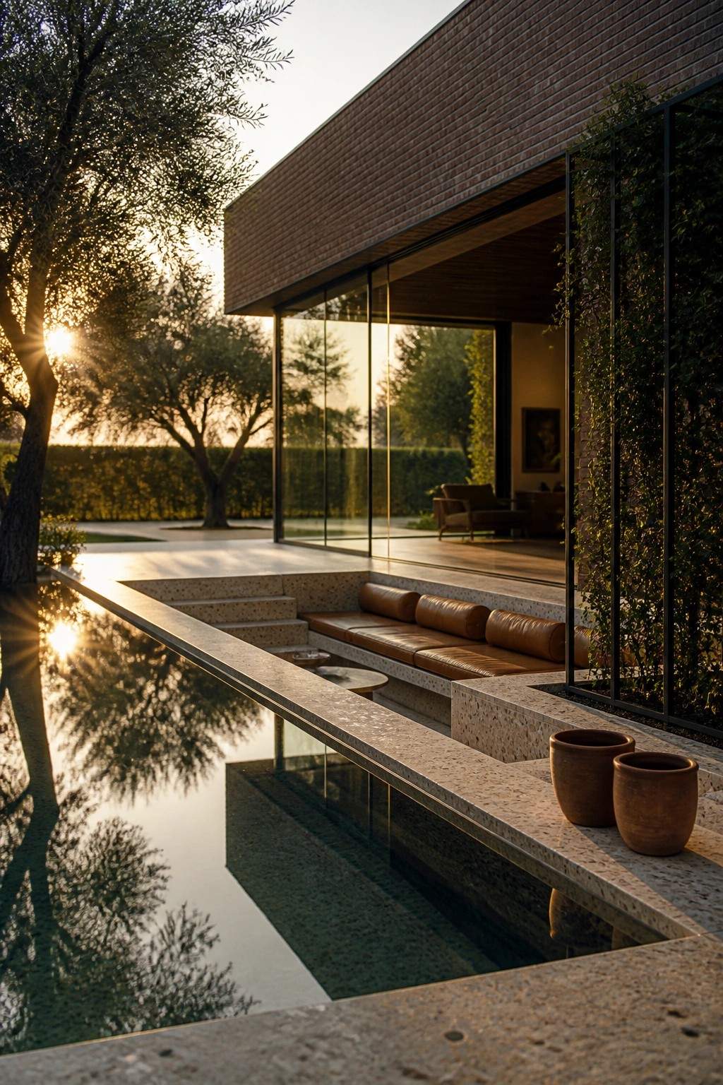 Modern brick house with large glass sliding doors opening to a stone terrace with built-in seating on steps beside a long reflecting pool and two terracotta pots.