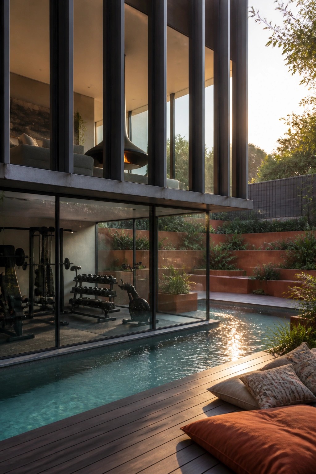 A modern house with large glass walls showing a gym inside, next to a swimming pool and wooden deck with cushions.