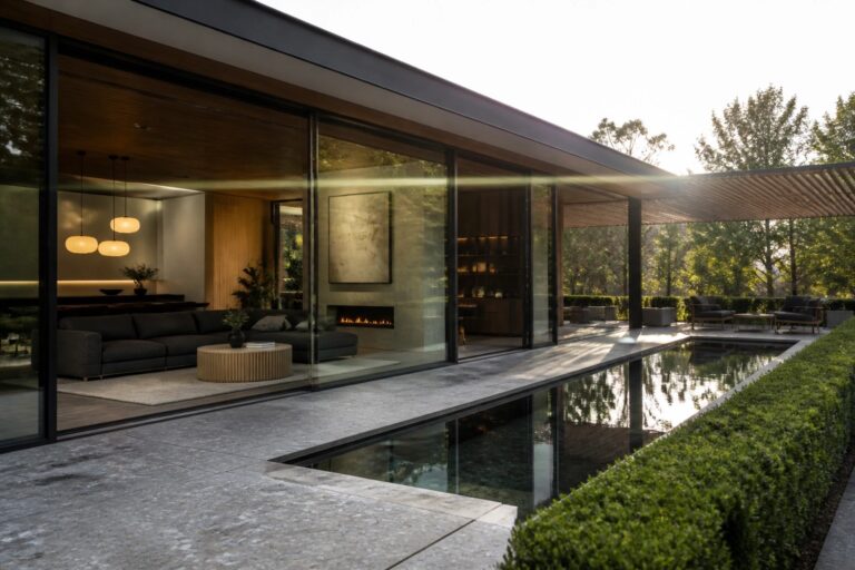 Modern single-story house with large black-framed glass sliding doors opening to a long narrow pool on a stone patio, surrounded by trees and hedges.