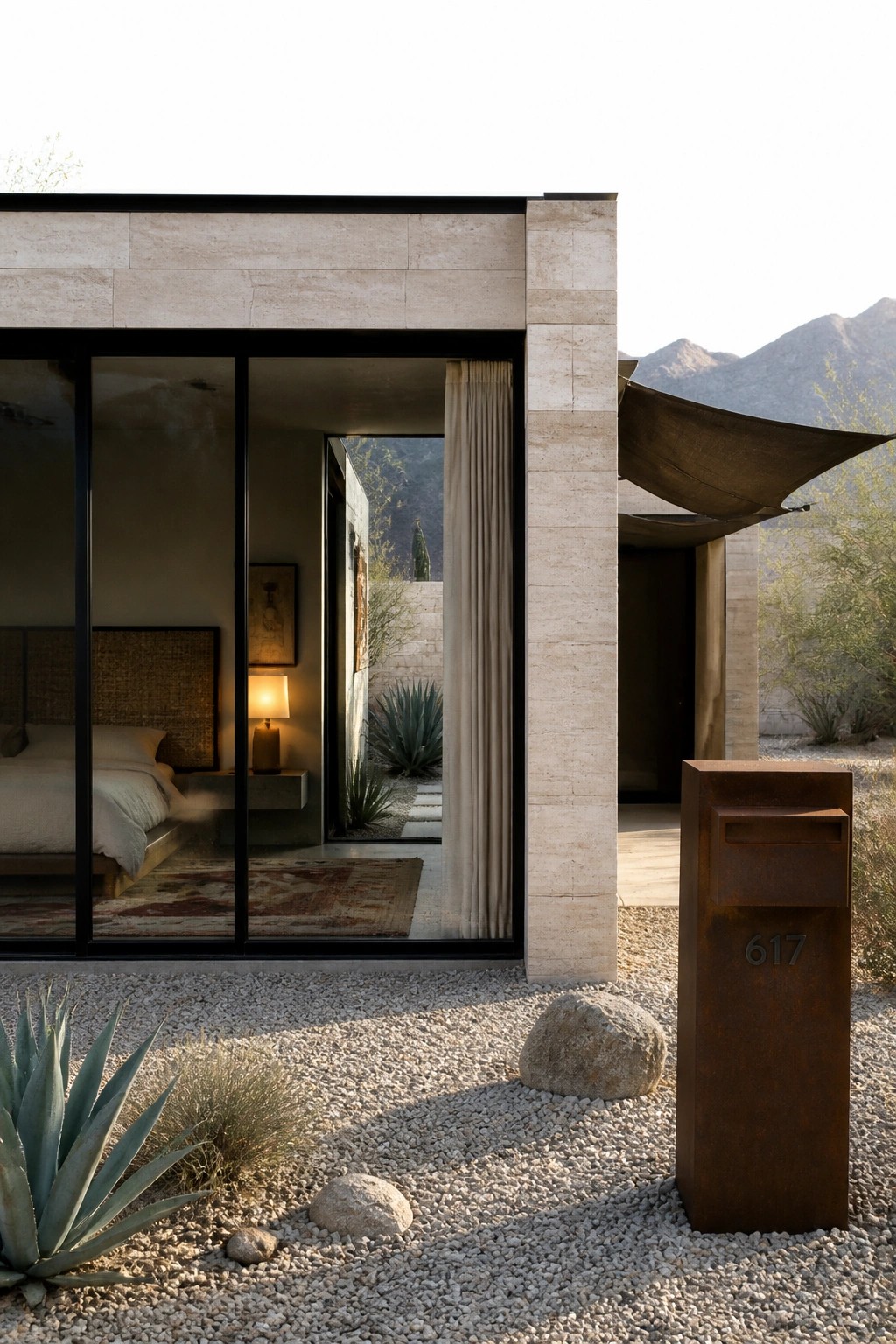 Modern stone house with open glass bedroom doors, rusted 617 mailbox in desert landscape.