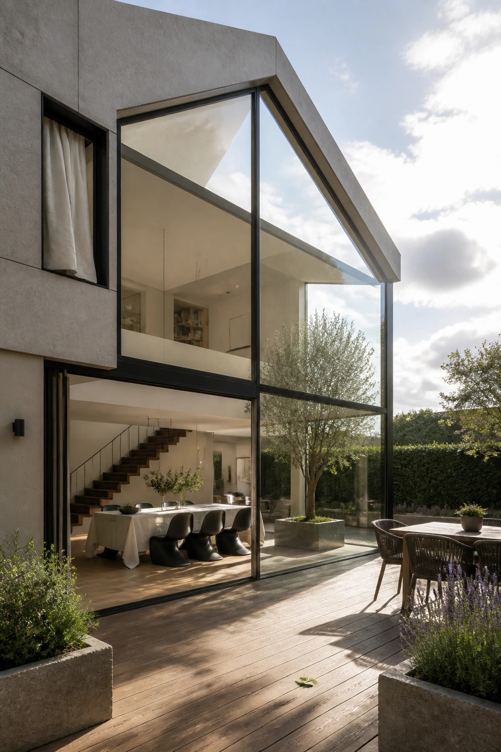 Modern concrete house with large glass walls and sliding doors opening onto a wooden deck with outdoor seating and potted plants.