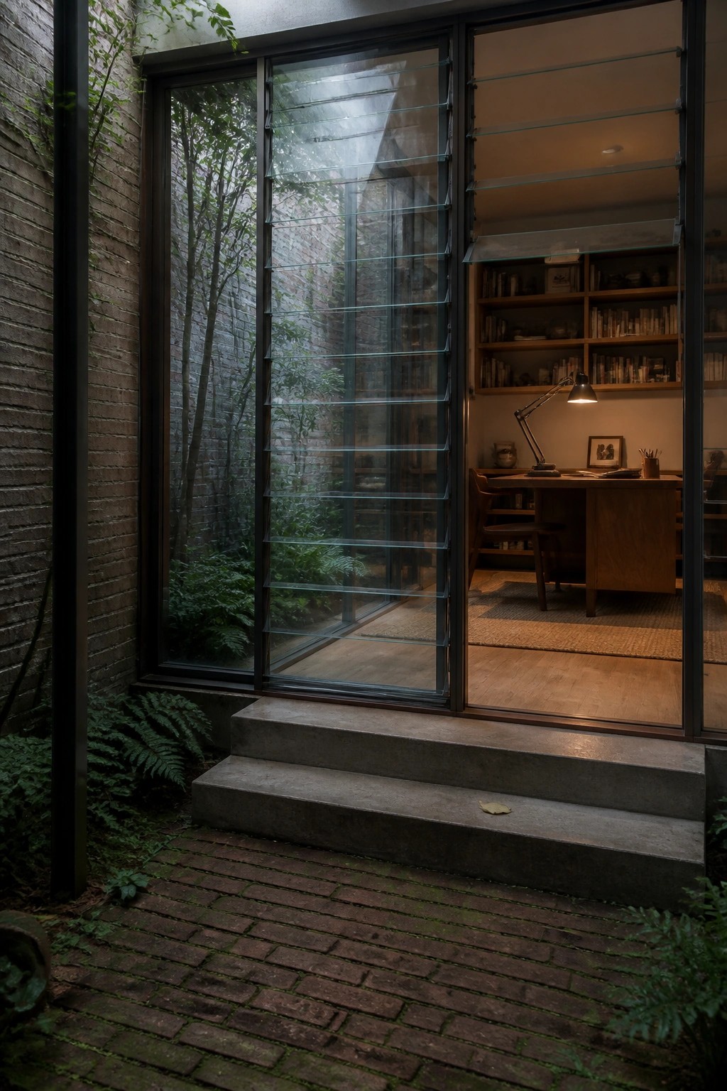 Exterior view of a modern home with large glass doors open, showing an interior office with desk and bookshelves, concrete steps leading up from a brick path lined with ferns and brick walls.