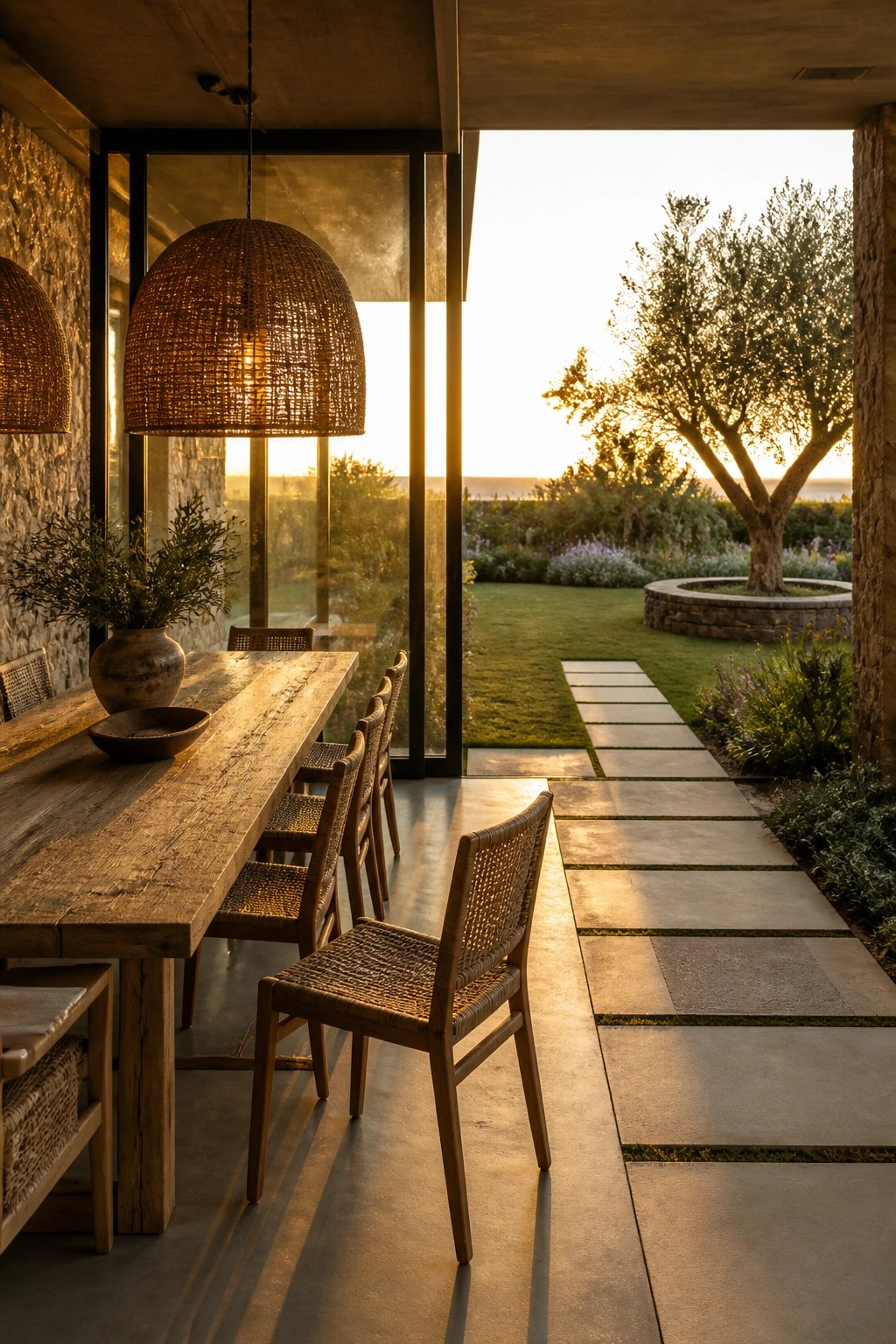 A wooden dining table with woven chairs inside a room with large open glass doors leading to a stone path and garden.