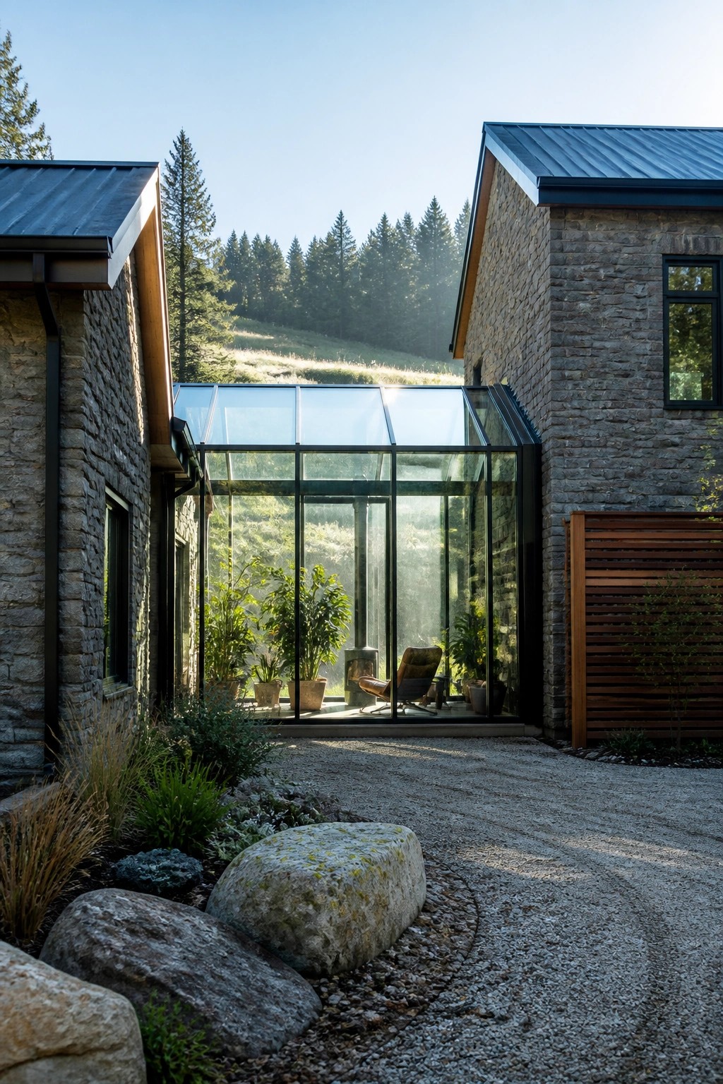Stone house with two wings joined by a large glass conservatory containing plants and a chair, viewed from a gravel path with rocks in the foreground.