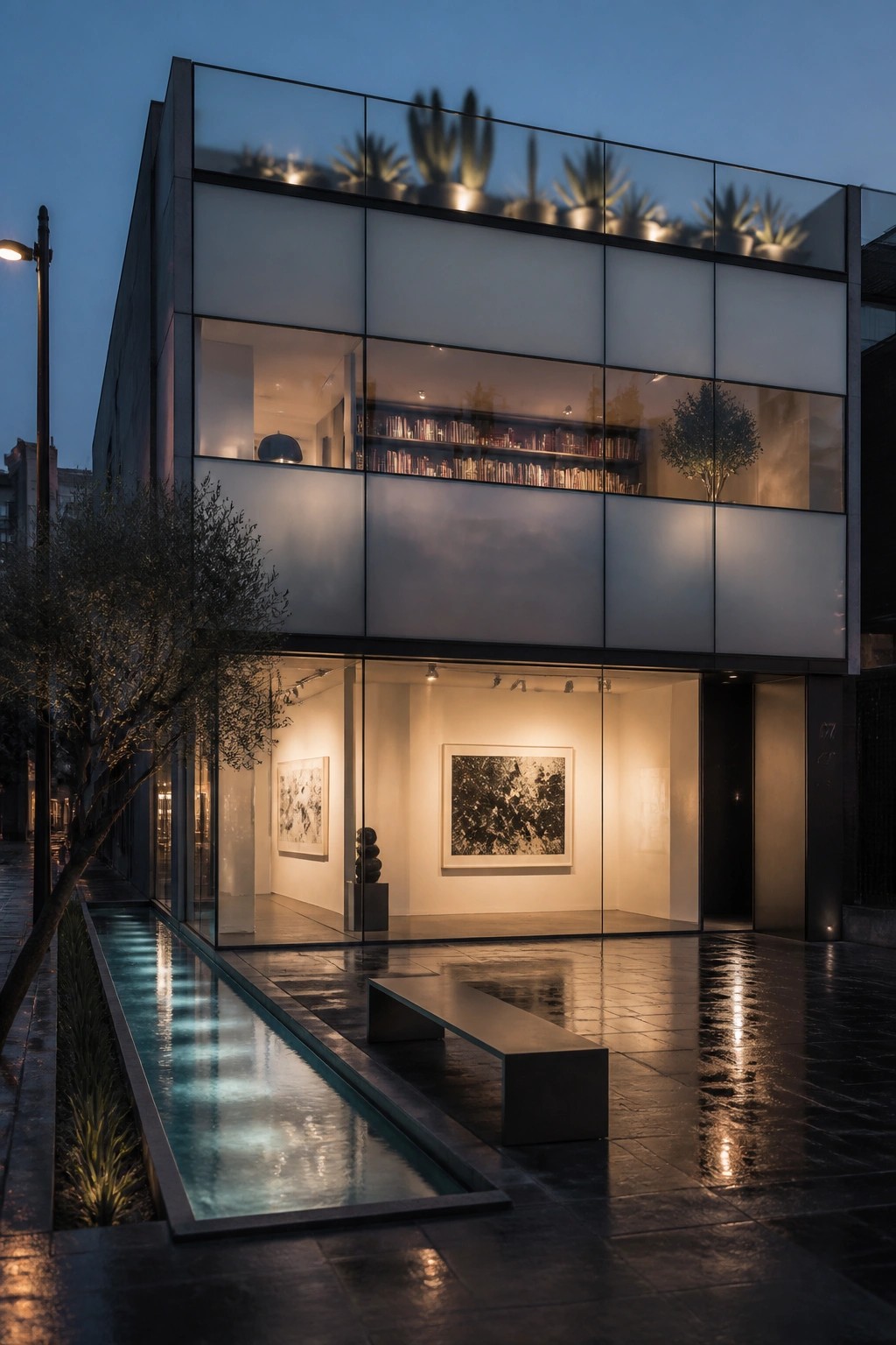 A modern two-story building at dusk with a fully glazed ground floor showing an illuminated interior gallery, a linear water feature, and a dark paved courtyard in front.