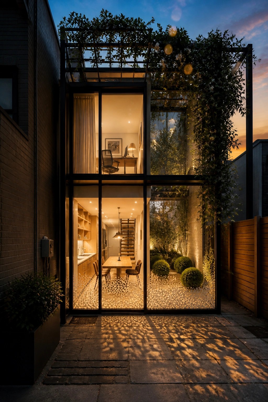 A modern multi-story house at dusk with large black-framed glass walls revealing an illuminated kitchen and upper office, with climbing plants on the structure and a gravel courtyard garden visible through the glass.