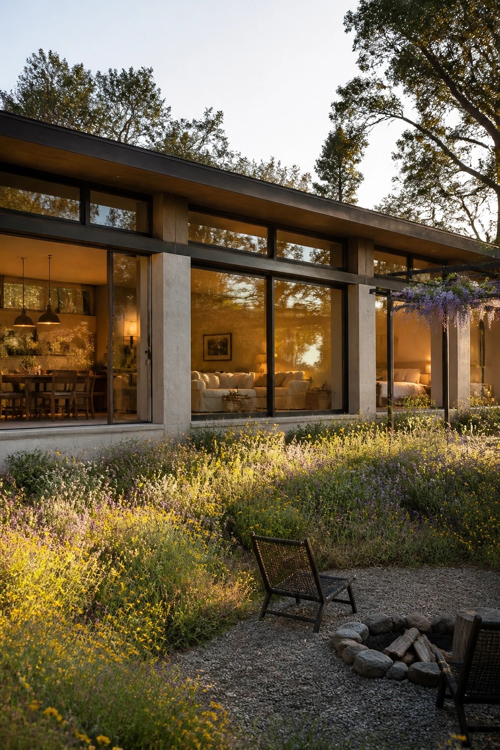 A modern single-story house with floor-to-ceiling glass windows revealing a living room and bedroom, set against a meadow of wildflowers and a gravel fire pit area.