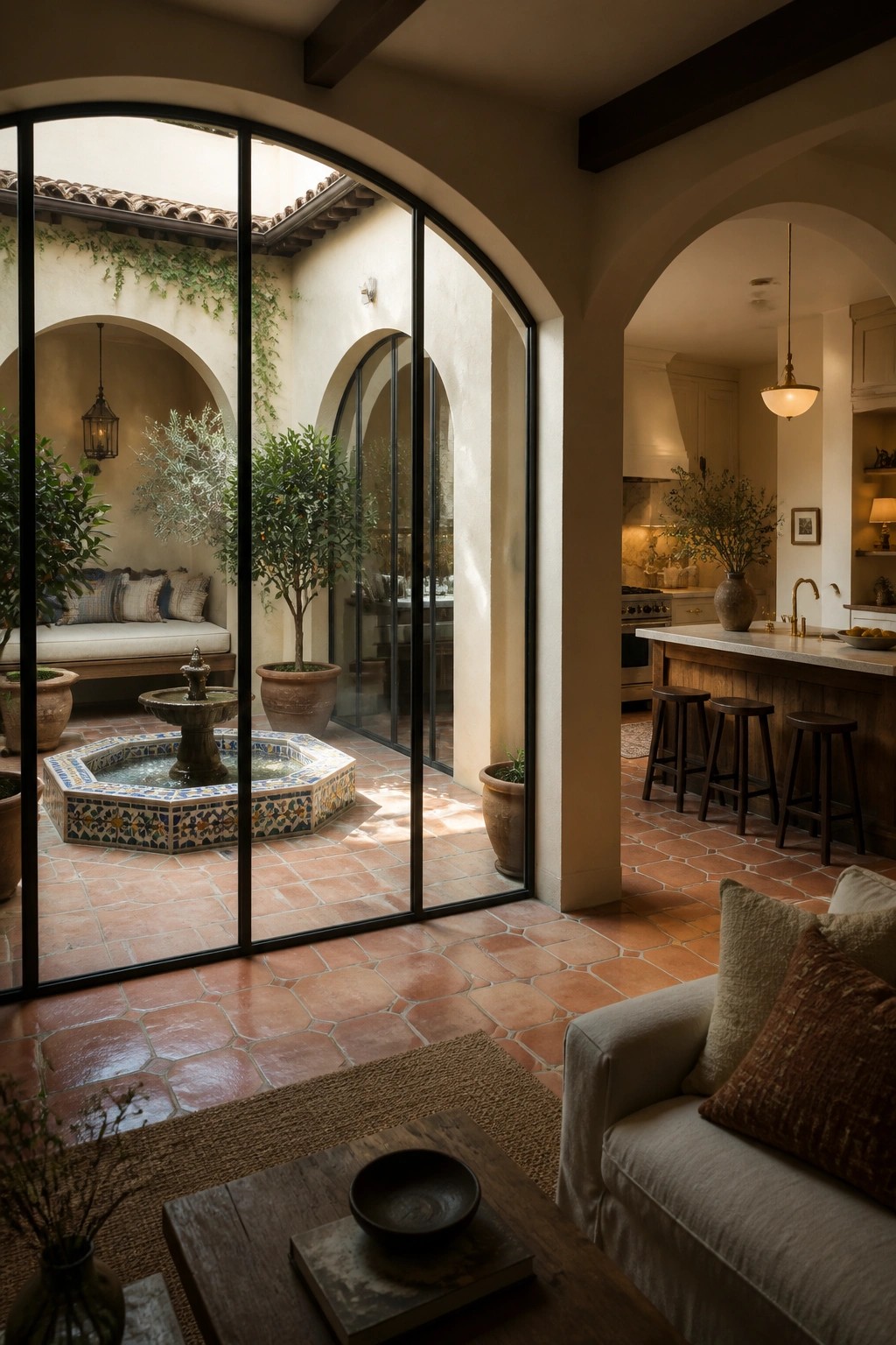 Mediterranean interior with terracotta floors, arched courtyard, mosaic fountain, and kitchen island