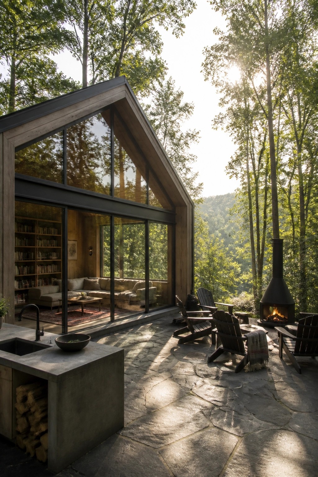 A modern wooden house with a large triangular glass gable wall opening onto a stone patio with Adirondack chairs and an outdoor fireplace surrounded by trees.