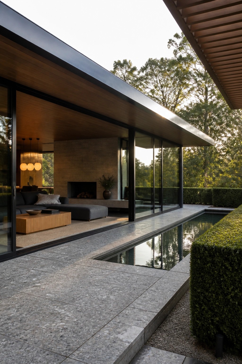Modern single-story house with large black-framed glass sliding doors opening to a long narrow pool on a stone patio, surrounded by trees and hedges.