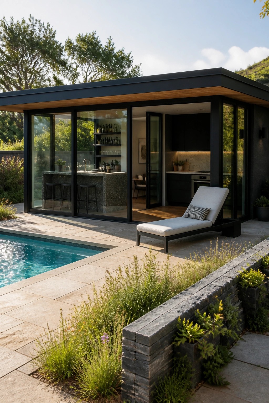 A modern poolside structure with black-framed glass walls and open sliding doors showing an indoor bar, a lounge chair on the stone patio, and a swimming pool in the foreground.