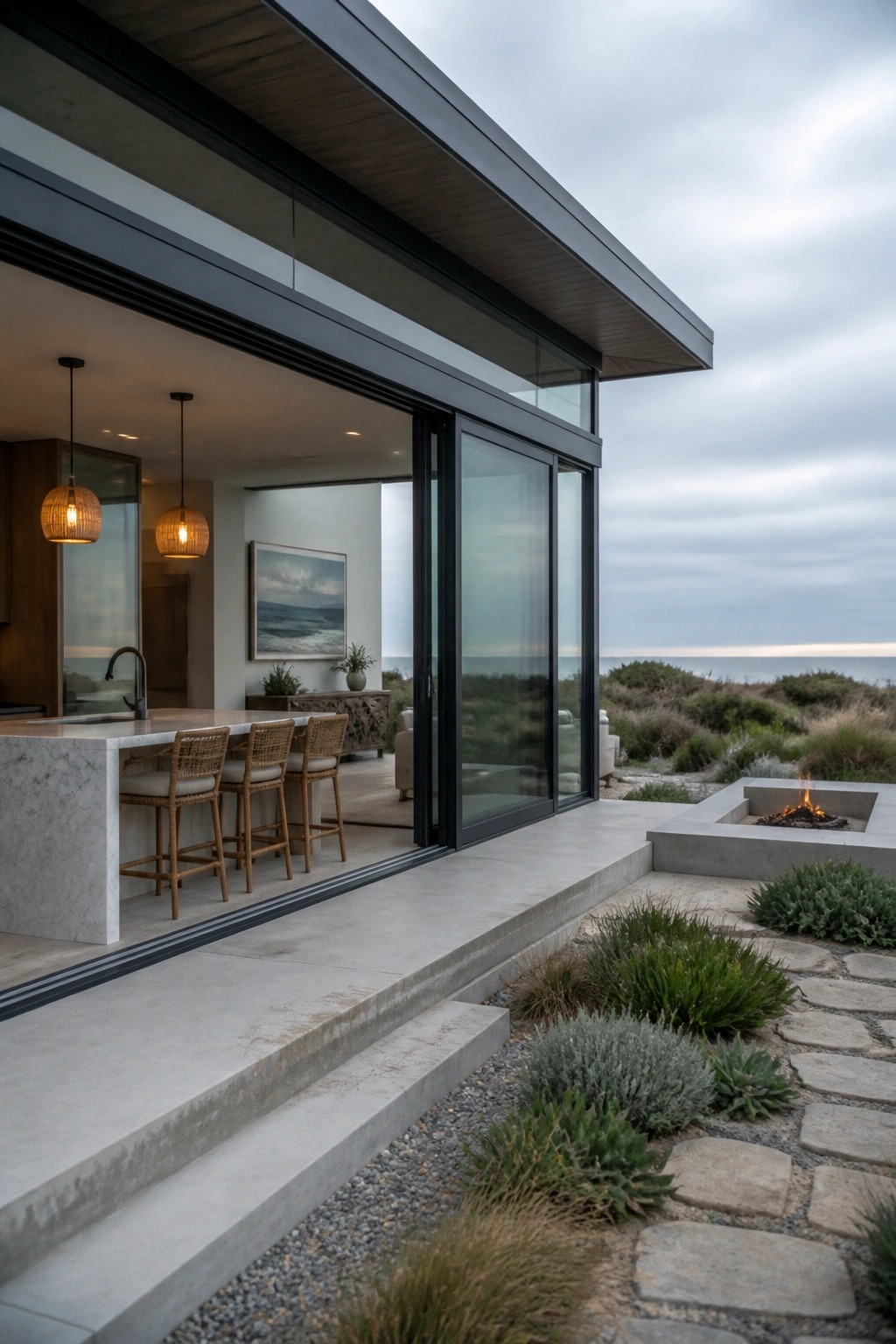 Modern house exterior with large black-framed sliding glass doors open, showing a kitchen island with woven bar stools inside and a concrete patio with fire pit outside overlooking the ocean.