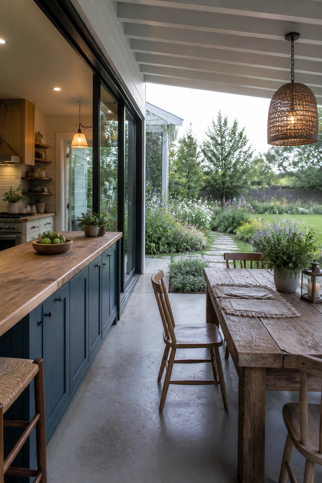 A kitchen with dark blue cabinets and a wooden countertop opens through large sliding glass doors to a wooden dining table on a covered patio overlooking a garden.