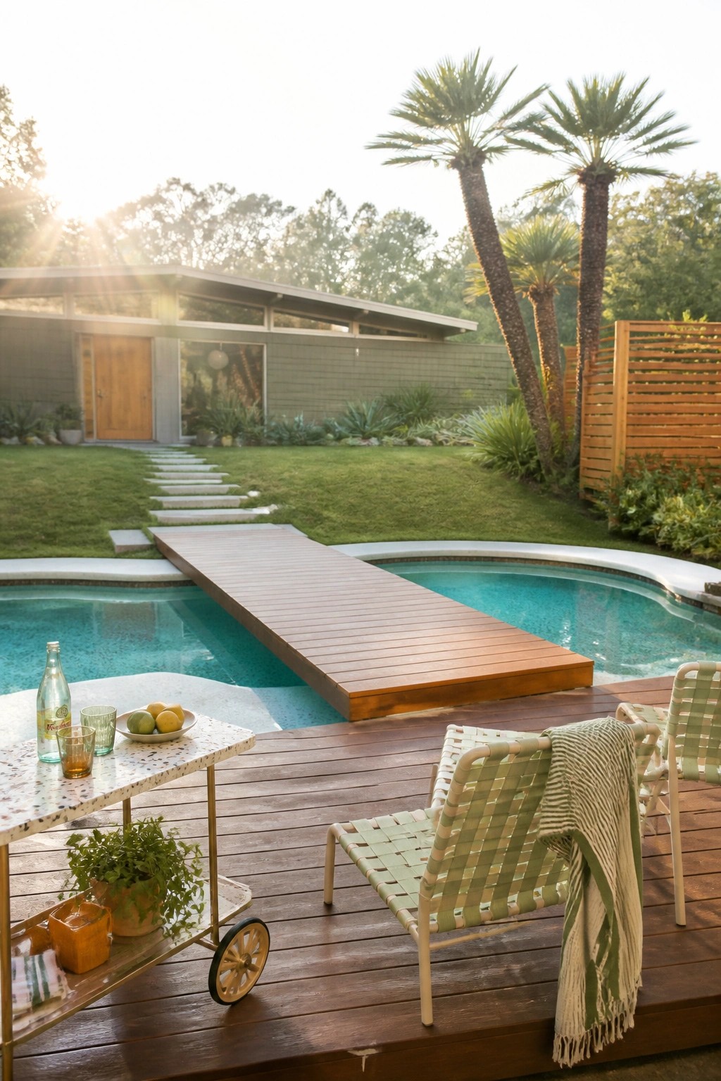 A backyard scene showing a swimming pool with a long wooden deck extending over the water, two woven lounge chairs on the deck, and a modern house visible across the lawn.