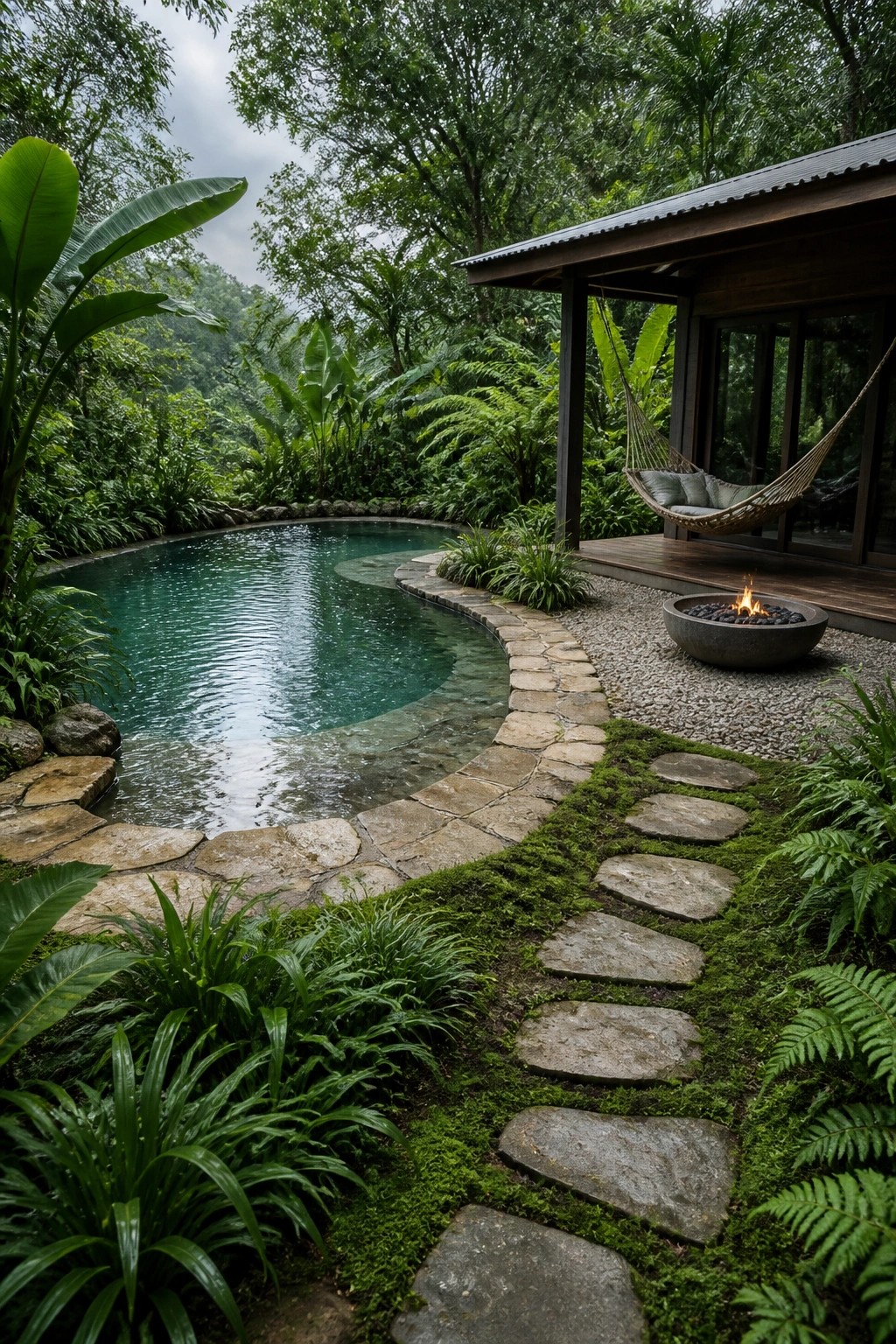A modern house exterior with a natural pool, stone path, fire pit, and hammock surrounded by dense tropical plants.