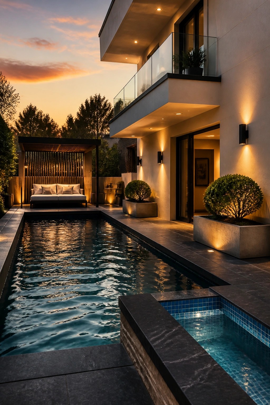 A modern house at dusk with a long rectangular pool, a covered daybed lounge on the left, and lit concrete planters along the right side of the pool deck.