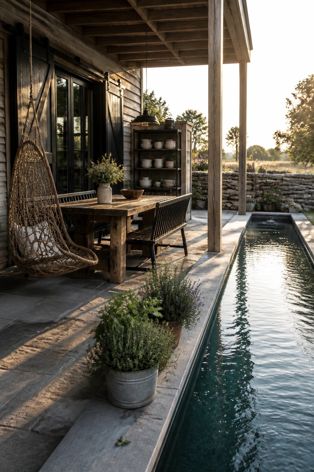 A covered wooden porch with a dining table and benches sits directly beside a long rectangular pool, with a hanging chair and potted plants along the stone edge.