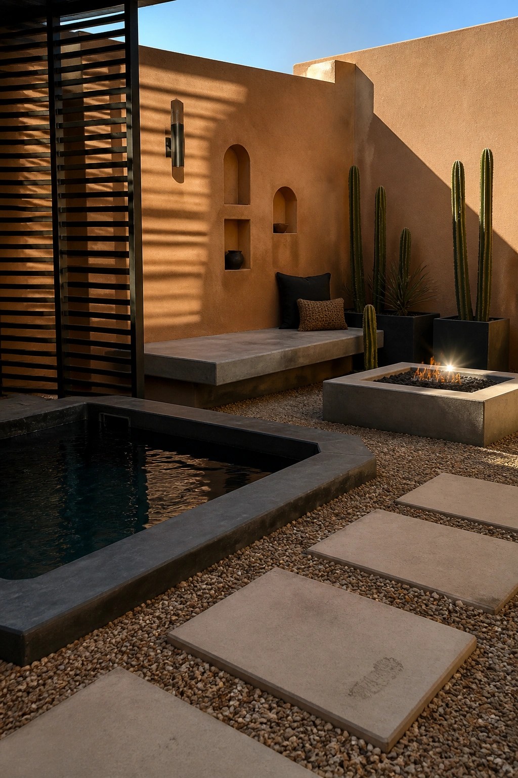 An outdoor poolside area with a long concrete bench built against a stucco wall that has arched niches, a fire pit on gravel, potted cacti, and large stepping stones.