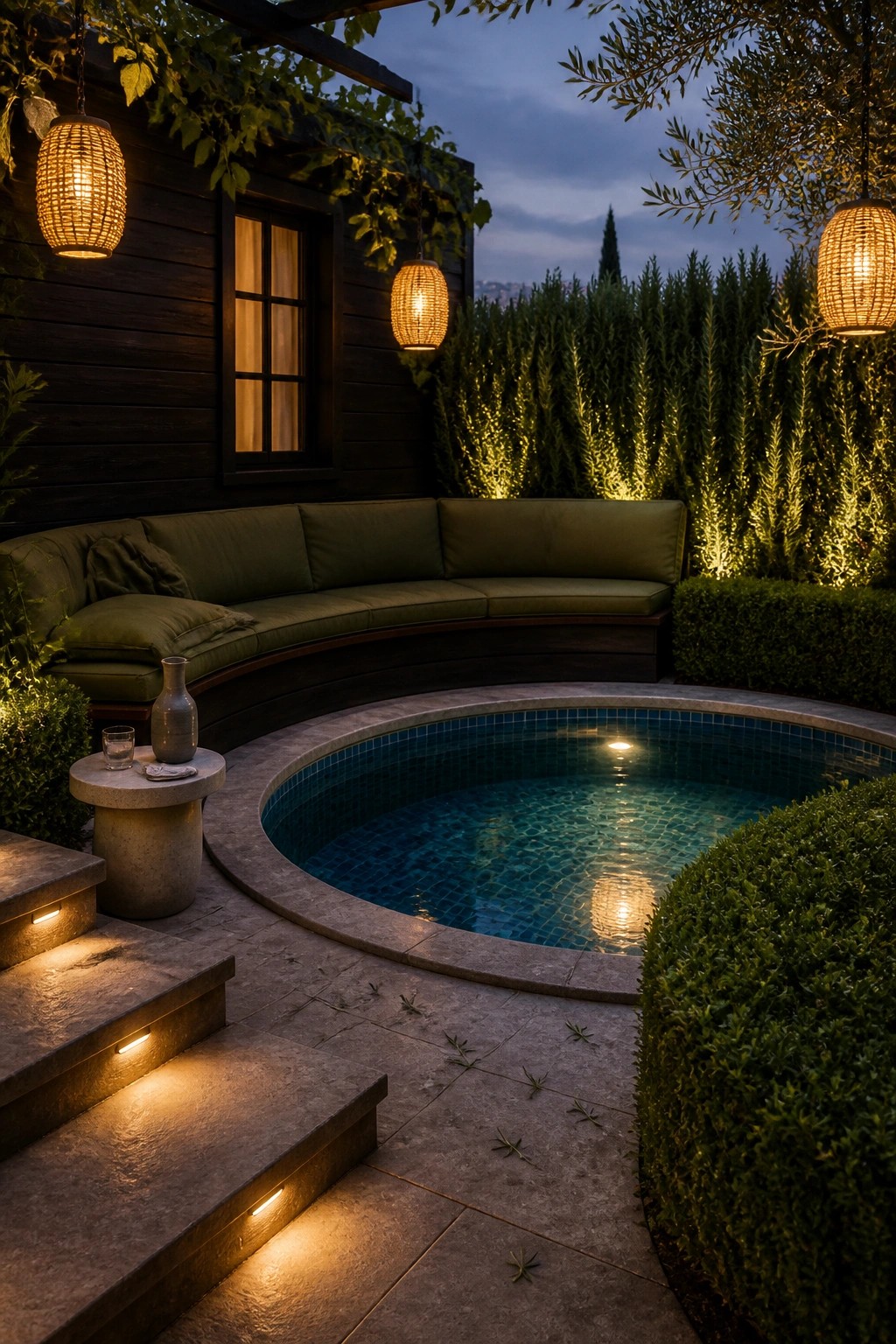 A circular pool with blue mosaic tiles is surrounded by curved green upholstered seating, hanging woven lanterns, and stone steps with built-in lights at dusk.