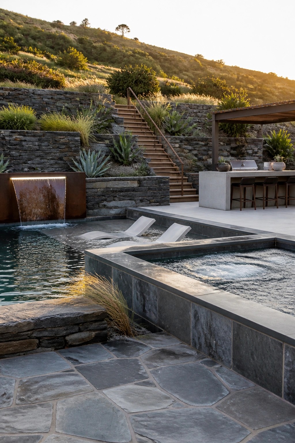 A modern pool with white built-in lounge chairs in the water, a metal water wall on the left side, and an outdoor kitchen with bar stools on the right.