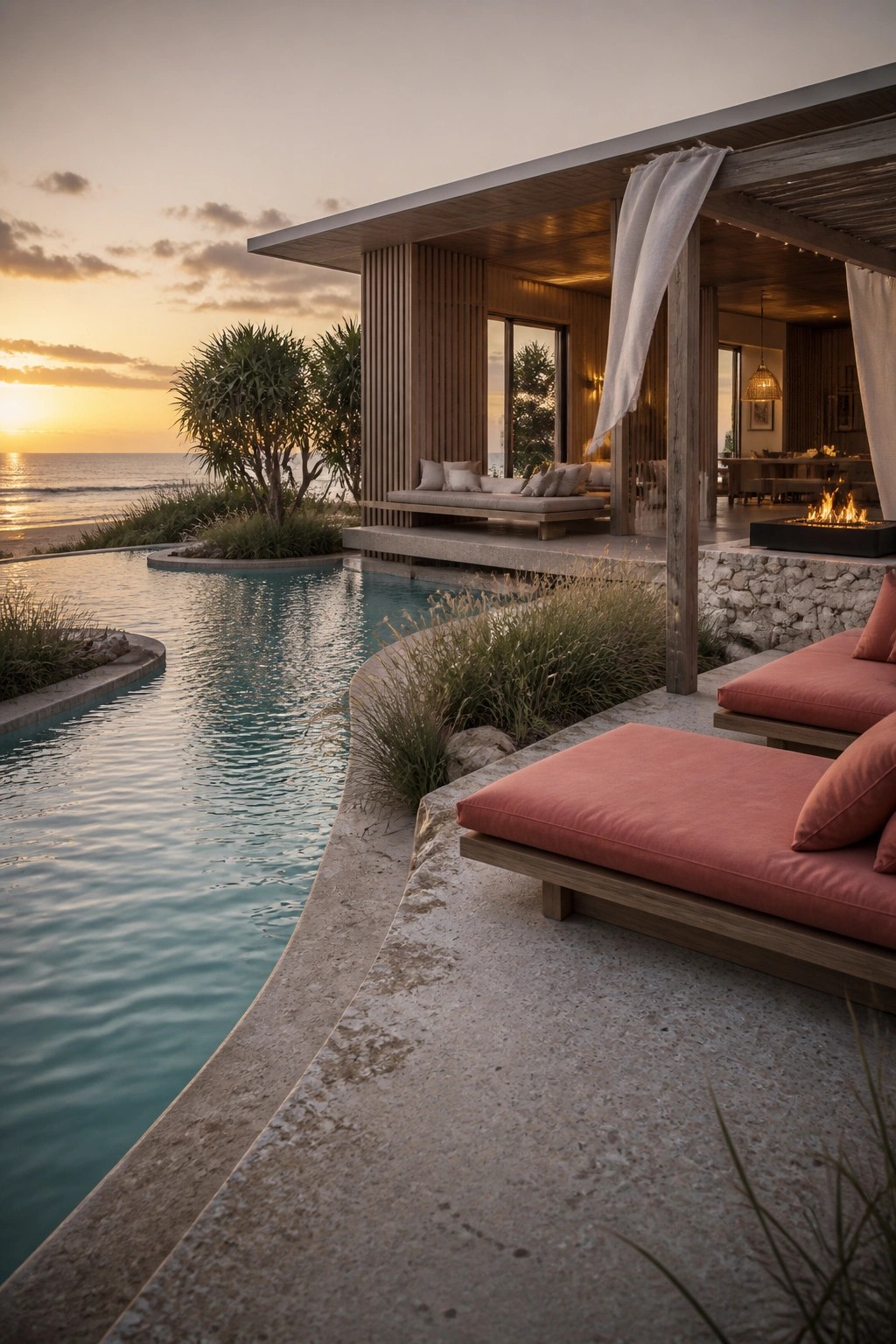 Modern pool deck with wooden lounge chairs in coral fabric beside a long curved pool, adjacent to a wooden house patio at sunset.