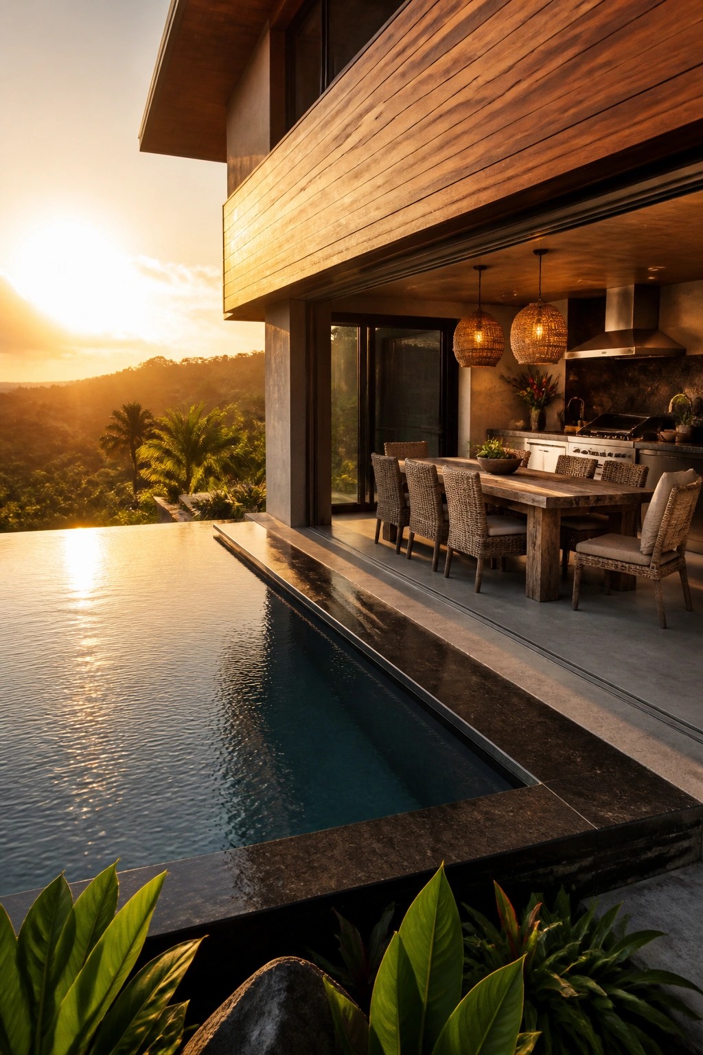Modern wooden villa with infinity pool and dining table overlooking sunset hills