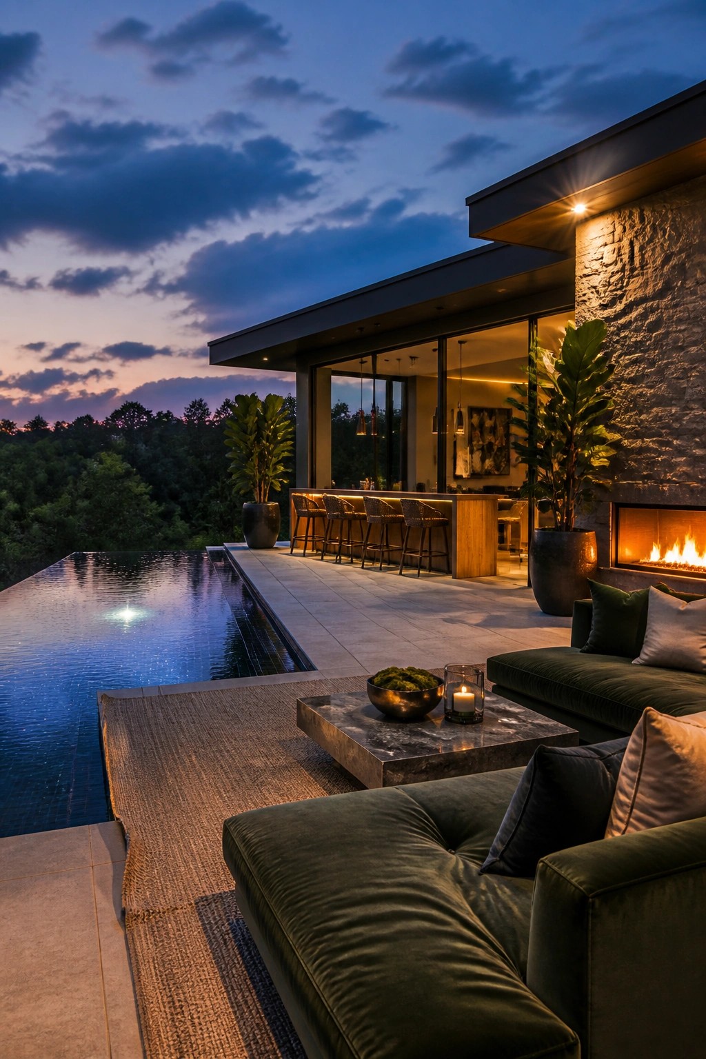 Modern house at dusk with an infinity pool running alongside a stone patio that holds dark green outdoor sofas, a coffee table, and a built-in fireplace.