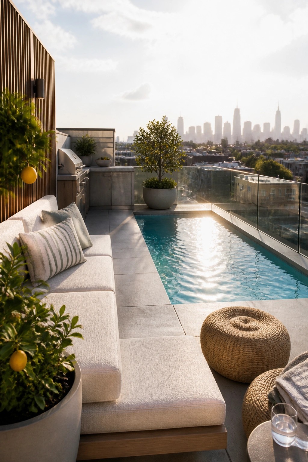 A rooftop terrace with a long rectangular pool beside a white sectional sofa, an outdoor kitchen, woven stools, and potted plants overlooking a city skyline.