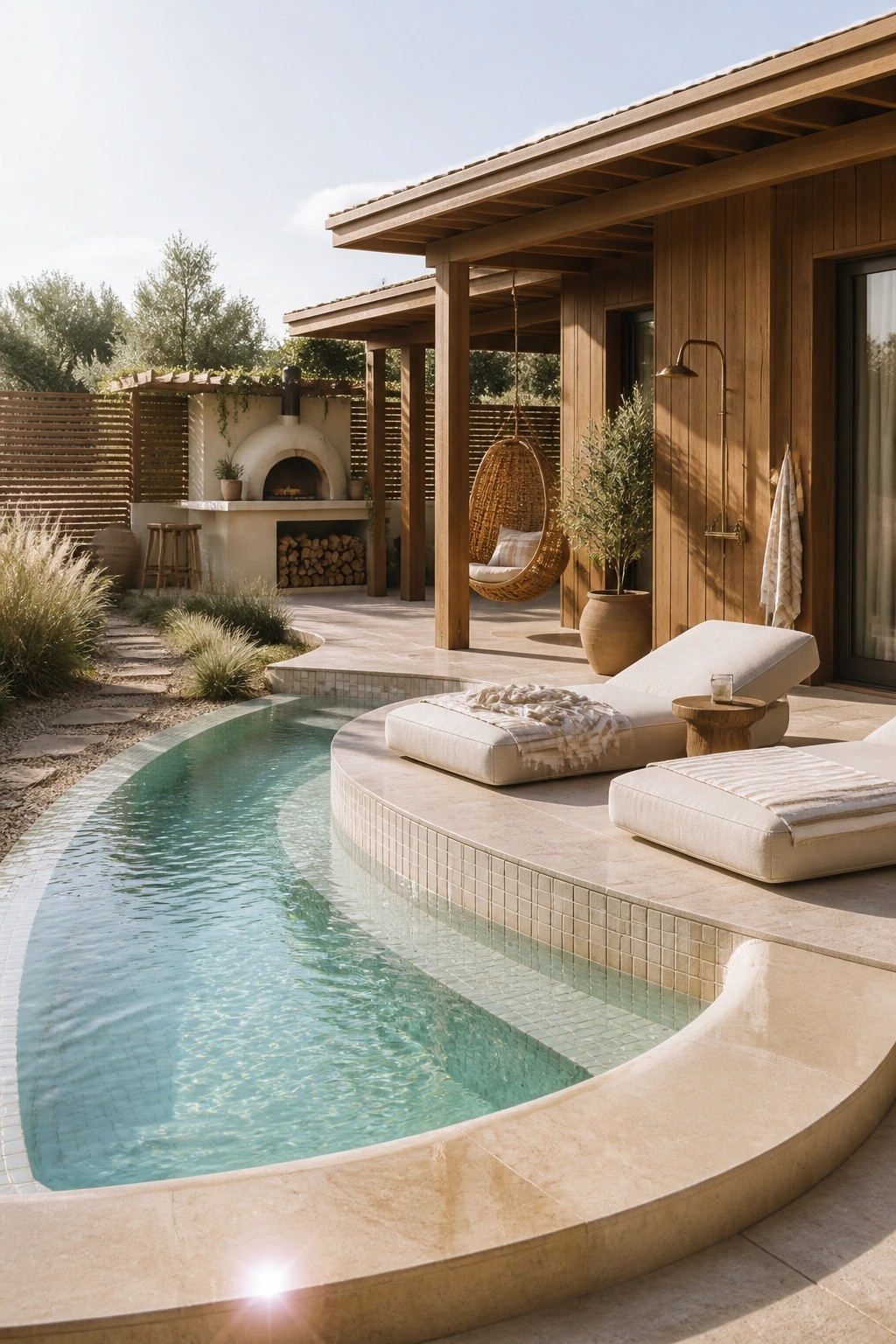 A modern wooden house exterior with a curved pool, wide stone coping holding two lounge chairs, a hanging chair under the covered porch, and an outdoor pizza oven in the background.