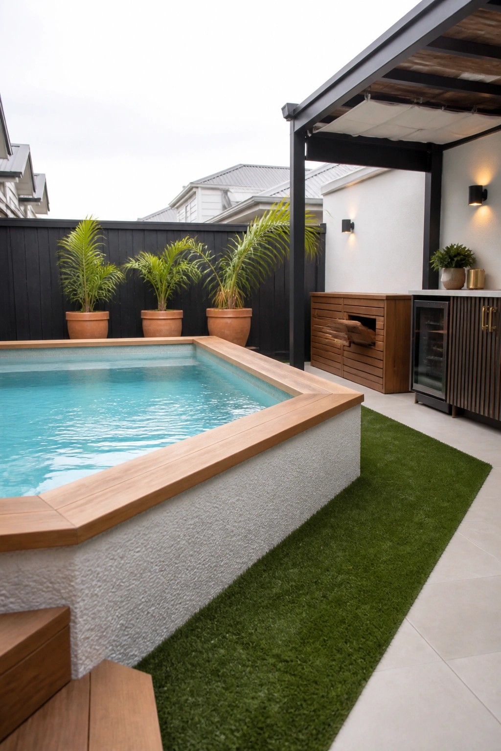 A rectangular plunge pool with light wood coping sits next to a wooden outdoor kitchen cabinet and bar fridge under a black pergola, with potted palms and artificial turf in the background.