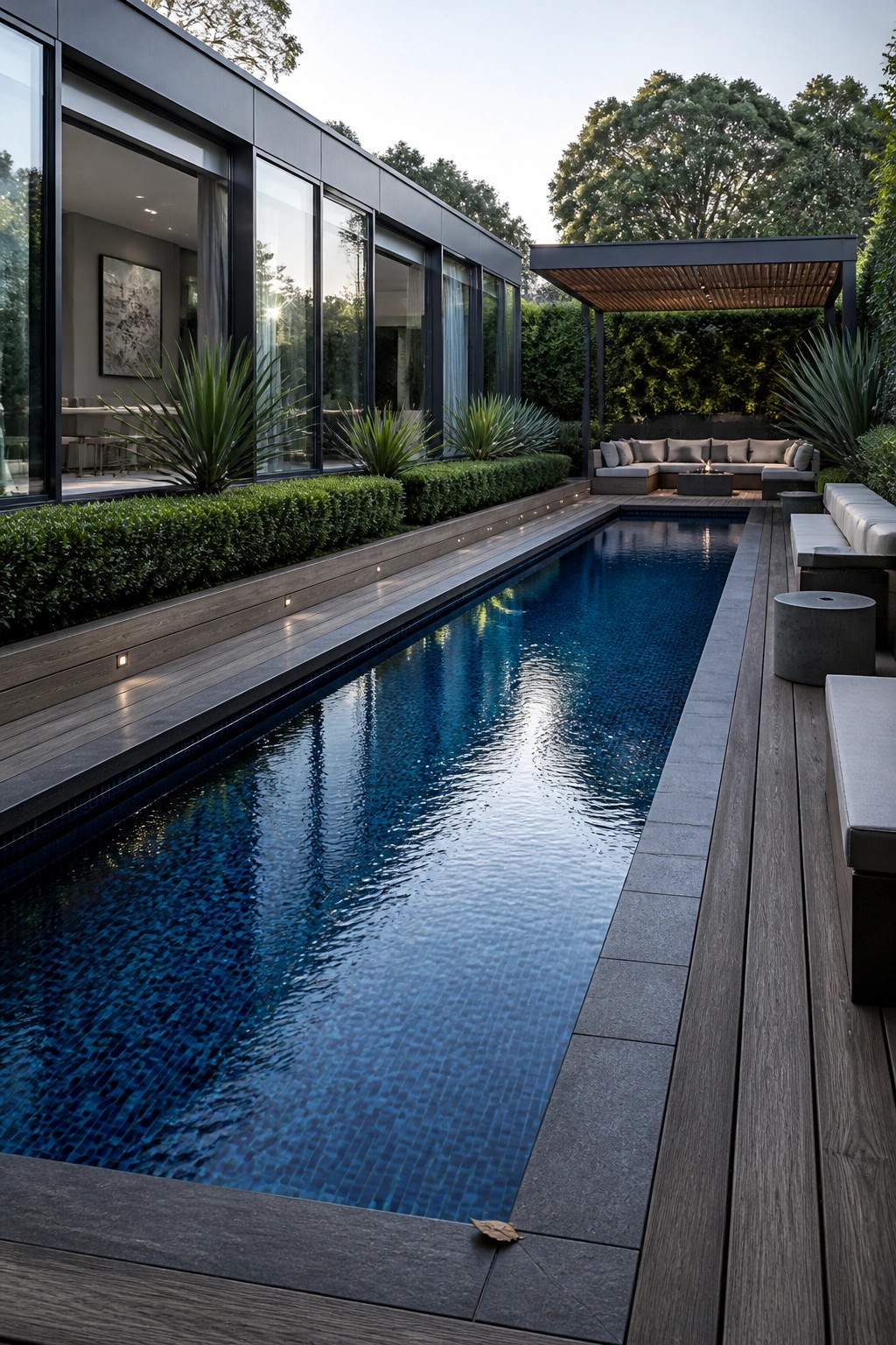 A modern house with floor-to-ceiling windows sits beside a long rectangular swimming pool edged with dark wood decking and outdoor seating.