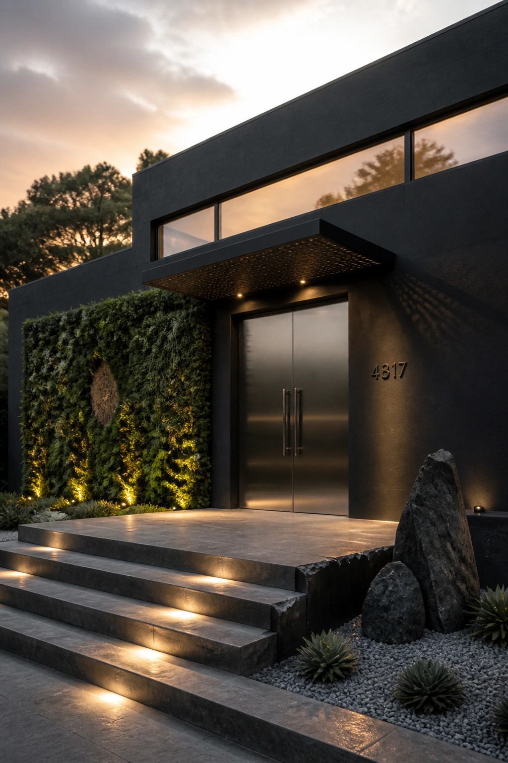 Modern black building with metallic double doors, glowing green wall, and lit stone steps