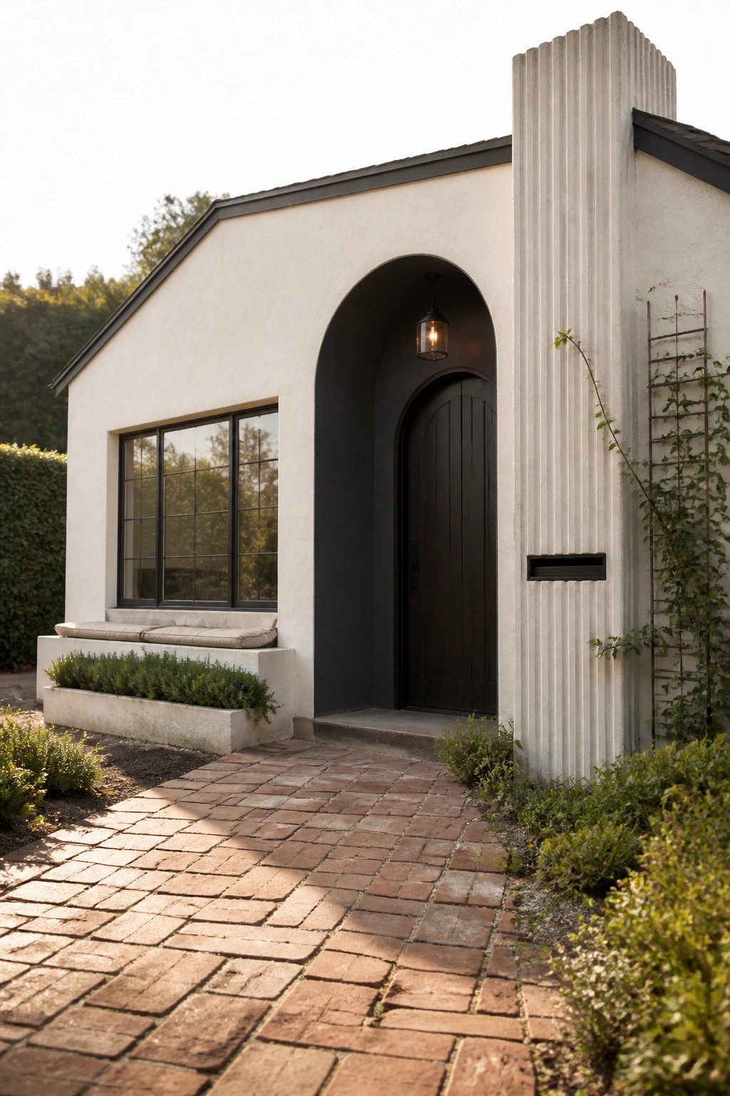 A modern house exterior with a large arched entryway containing a dark wooden door, a black-framed window to the left, and a brick pathway leading to the steps.