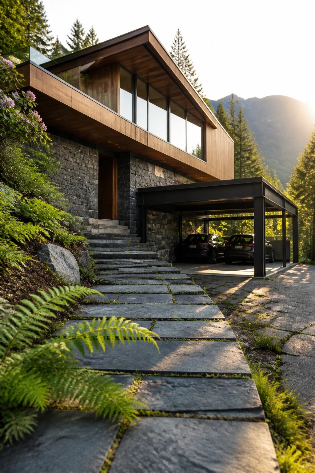 A modern house with a cantilevered wood upper level over a stone base, large horizontal windows, a covered carport with two dark SUVs, and stone steps leading up through ferns and trees.