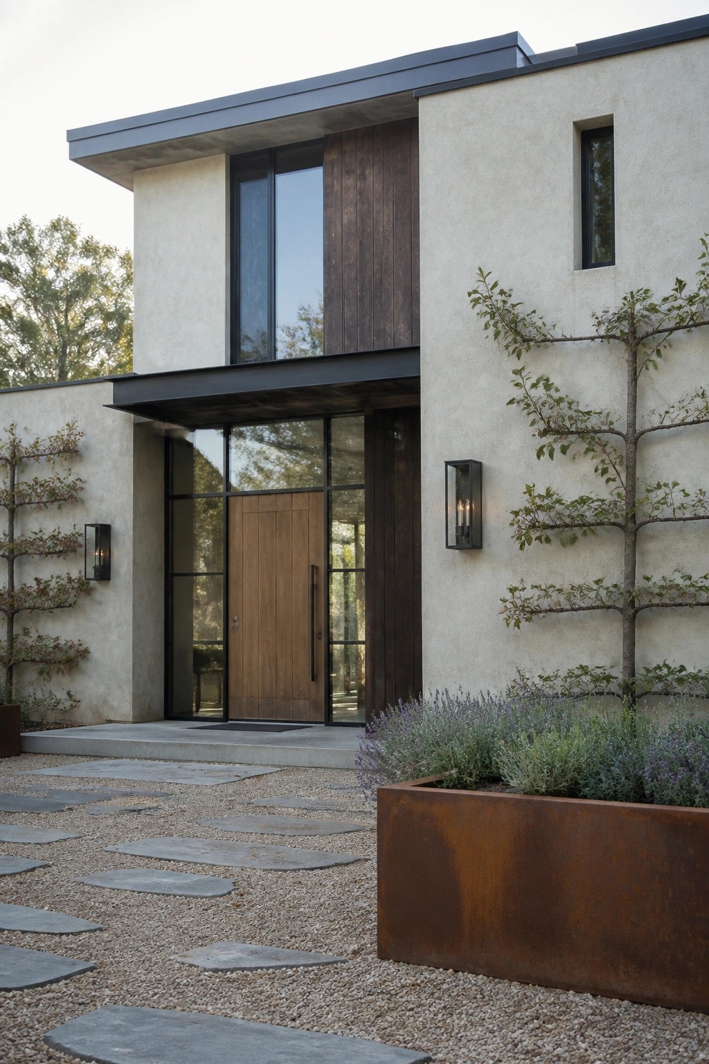 Modern two-story house exterior with stucco walls, wood accents, large glass entry door under a dark metal overhang, gravel path with stone pavers, and a rusted metal planter with lavender and small trees.