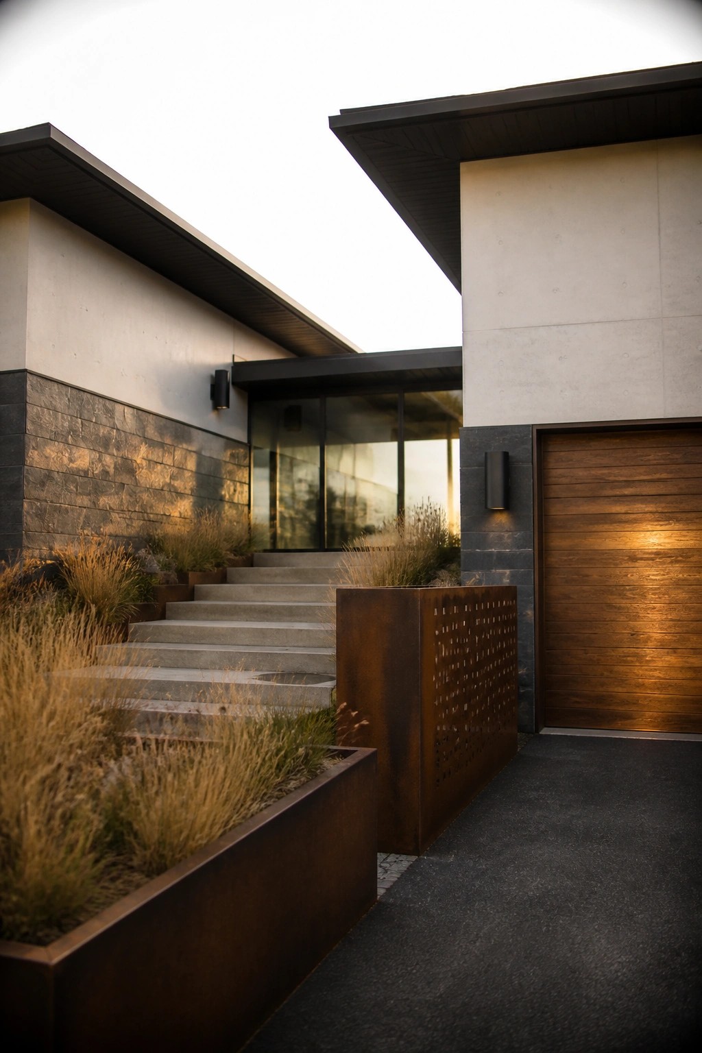 Modern home entrance with concrete stairs, wooden garage door, and rusted metal planters