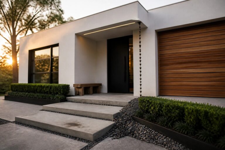Modern house exterior with white walls, a flat roof overhang, black entry door, wood garage door, and concrete steps.