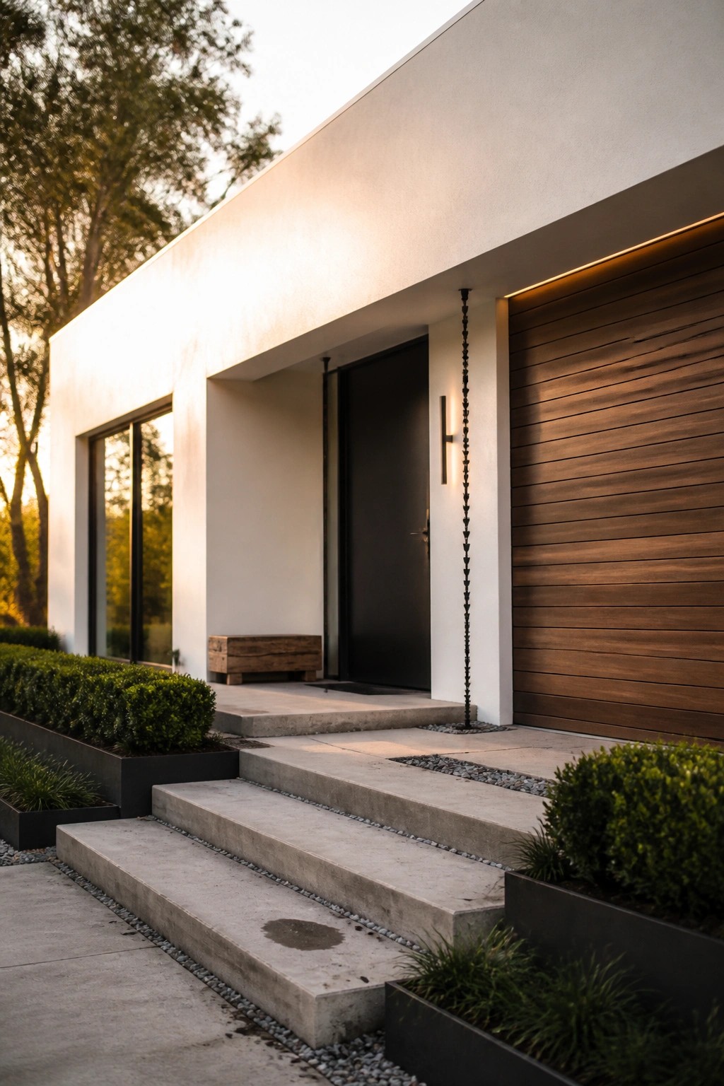 Modern house exterior with white walls, a flat roof overhang, black entry door, wood garage door, and concrete steps.