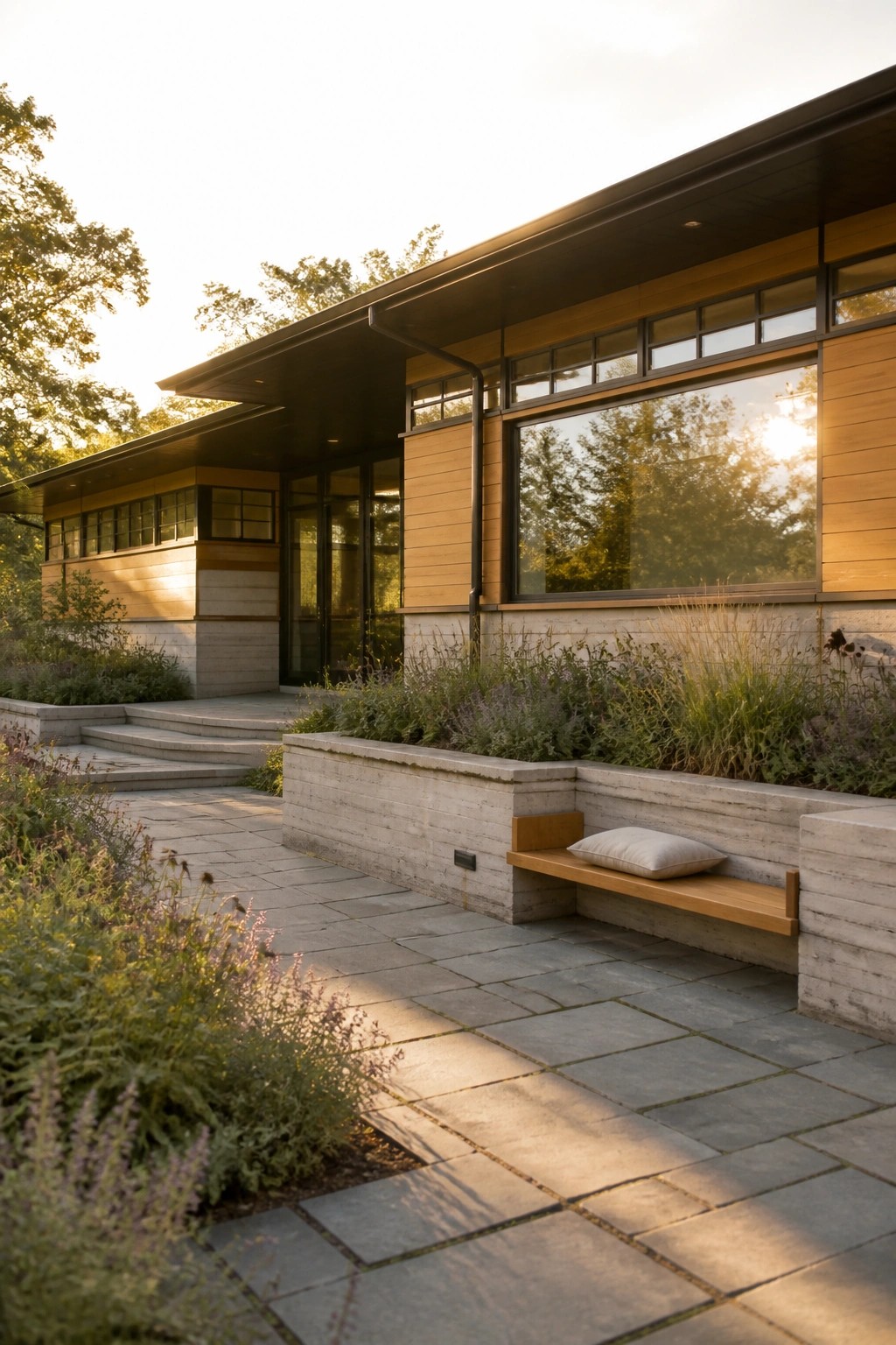 A modern single-story house exterior featuring horizontal wood siding, large windows, concrete planters with integrated wooden bench, and stone pavers in the foreground.