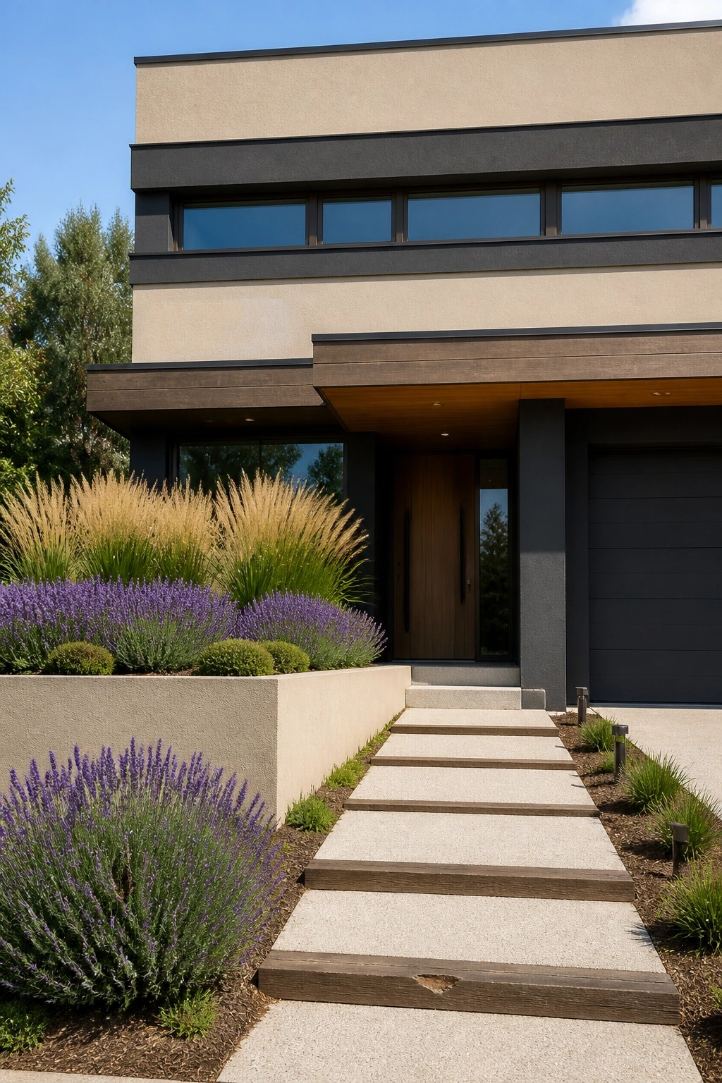 Modern two-story house with beige stucco and dark gray horizontal bands, a wood-clad entry overhang, a wooden front door, and concrete steps flanked by lavender and ornamental grass plantings.