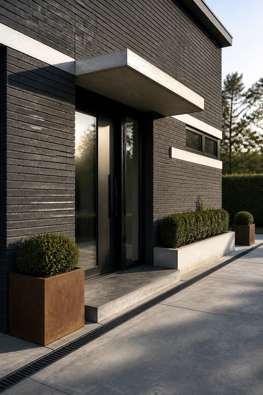 Modern house exterior with dark horizontal brick siding, a large concrete entrance canopy, black front door, and concrete planters holding shrubs along the walkway.