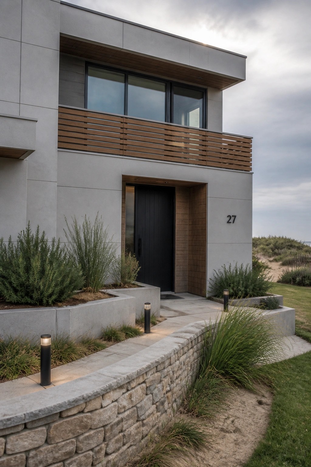 Modern two-story concrete house with a second-floor balcony featuring horizontal wood slats, a recessed black front door, and low stone walls with landscaping.