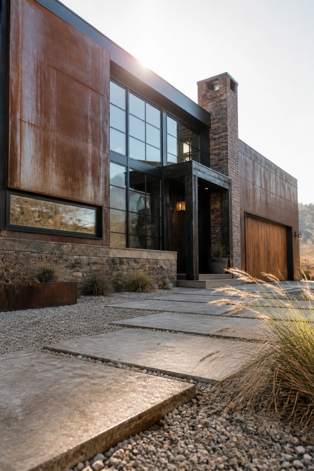 Modern house exterior with large rusted metal panels, black-framed grid windows, a stone base, and a gravel path leading to the front door.